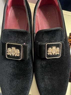 Alberto Fermani Black Velvet Slip-On Loafers with Gold Crest